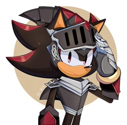 Size: 1577x1559 | Tagged: safe, artist:aze_mtz0, shadow the hedgehog, sonic and the black knight, 2024, abstract background, frown, looking at viewer, sir lancelot, solo