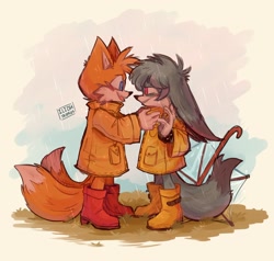Size: 2048x1951 | Tagged: safe, artist:ili0tropi0h, kit the fennec, miles "tails" prower, abstract background, boots, duo, gay, kitails, looking at each other, outdoors, rain, raincoat, shipping, signature, smile, standing, umbrella