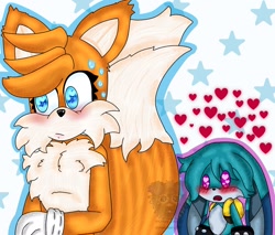 Size: 1600x1362 | Tagged: safe, artist:rosemery_25, kit the fennec, miles "tails" prower, 2022, abstract background, blushing, duo, gay, heart eyes, kitails, looking at them, outline, shipping, star (symbol), sweatdrop, watermark