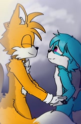 Size: 837x1280 | Tagged: safe, artist:n3ssgl8tch, artist:supergirlthatit, kit the fennec, miles "tails" prower, 2023, abstract background, clouds, duo, eyes closed, gay, holding hands, kitails, looking at them, shipping, smile, standing