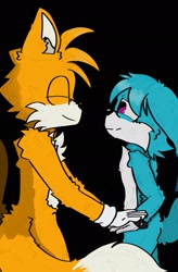 Size: 1341x2048 | Tagged: safe, artist:n3ssgl8tch, kit the fennec, miles "tails" prower, 2023, alternate version, black background, duo, eyes closed, gay, holding hands, kitails, looking at them, shipping, simple background, smile, standing