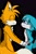 Size: 1341x2048 | Tagged: safe, artist:n3ssgl8tch, kit the fennec, miles "tails" prower, 2023, alternate version, black background, duo, eyes closed, gay, holding hands, kit x tails, looking at them, shipping, simple background, smile, smiling at them, standing
