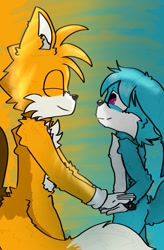 Size: 1341x2048 | Tagged: safe, artist:lizislife2, artist:n3ssgl8tch, kit the fennec, miles "tails" prower, 2023, abstract background, alternate version, duo, eyes closed, gay, holding hands, kitails, looking at them, shipping, smile, standing