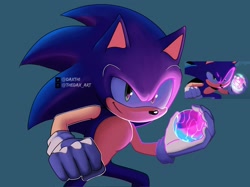 Size: 2048x1532 | Tagged: safe, artist:daxth1, sonic the hedgehog, sonic dream team, 2024, blue background, dream orb, holding something, redraw, reference inset, signature, simple background, smile, solo