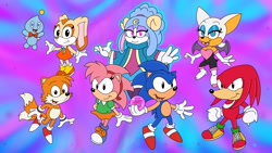 Size: 2048x1152 | Tagged: safe, artist:slysonic, amy rose, cheese (chao), knuckles the echidna, miles "tails" prower, rouge the bat, sonic the hedgehog, sonic dream team, 2023, abstract background, ariem, dream orb, greg martin style, group, smile