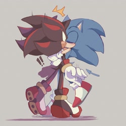 Size: 2048x2048 | Tagged: safe, artist:cealu3u, shadow the hedgehog, sonic the hedgehog, 2024, blushing, duo, exclamation mark, gay, grey background, holding them, kiss, shadow x sonic, shipping, shrunken pupils, simple background, standing, surprise kiss, surprised