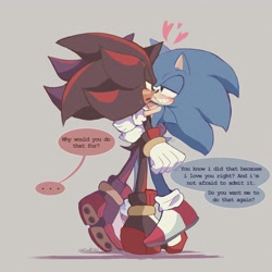 Size: 2048x2048 | Tagged: safe, artist:cealu3u, shadow the hedgehog, sonic the hedgehog, ..., 2024, dialogue, duo, english text, gay, heart, holding them, lidded eyes, looking at each other, mouth open, shadow x sonic, shipping, signature, smile, speech bubble