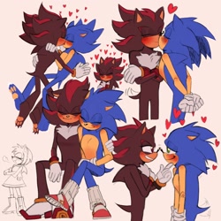 Size: 2048x2048 | Tagged: safe, artist:seraphim_sab, shadow the hedgehog, sonic the hedgehog, 2024, barefoot, blushing, duo focus, eyes closed, gay, heart, holding each other, holding them, kiss, pawpads, paws, shadow x sonic, shipping, simple background, sitting, smile, standing, trio