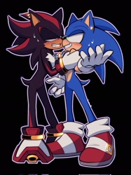 Size: 1535x2048 | Tagged: safe, artist:finniibun, shadow the hedgehog, sonic the hedgehog, 2024, black background, blushing, clenched teeth, duo, ear piercing, earring, gay, holding them, lidded eyes, looking at each other, shadow x sonic, shipping, signature, simple background, standing, sweatdrop