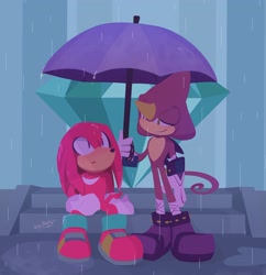 Size: 1742x1803 | Tagged: safe, artist:buckettkun, espio the chameleon, knuckles the echidna, 2021, duo, gay, holding something, knuxio, lineless, looking at each other, master emerald, outdoors, rain, shipping, signature, sitting, standing