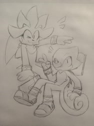 Size: 1536x2048 | Tagged: safe, artist:charmallows, espio the chameleon, silver the hedgehog, :3, cute, duo, espibetes, frown, line art, looking at viewer, pencilwork, silvabetes, smile, traditional media, v sign, wink