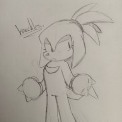 Size: 2048x2048 | Tagged: safe, artist:charmallows, knuckles the echidna, character name, clenched fists, frown, line art, looking offscreen, pencilwork, ponytail, solo, standing, traditional media
