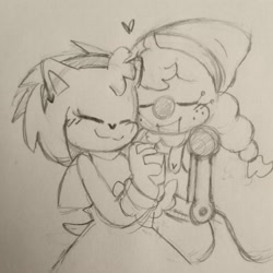 Size: 2048x2048 | Tagged: safe, artist:charmallows, amy rose, belle the tinkerer, amy x belle, amybetes, bellebetes, cute, duo, eyes closed, heart, heart nose, holding hands, lesbian, line art, pencilwork, shipping, smile, traditional media