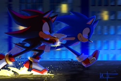 Size: 2048x1366 | Tagged: safe, artist:ira_theartist, shadow the hedgehog, sonic the hedgehog, abstract background, city, duo, frown, looking ahead, nighttime, outdoors, running, signature, skating, smile
