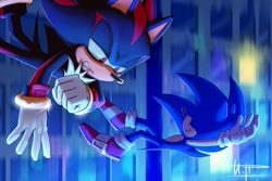 Size: 2048x1366 | Tagged: safe, artist:ira_theartist, shadow the hedgehog, sonic the hedgehog, abstract background, city, duo, falling, frown, nighttime, outdoors, signature, smile