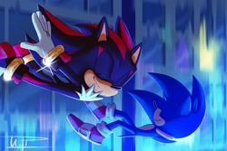 Size: 2048x1366 | Tagged: safe, artist:ira_theartist, shadow the hedgehog, sonic the hedgehog, abstract background, city, duo, eyes closed, falling, nighttime, outdoors, shadowbetes, signature, smile