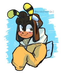 Size: 680x815 | Tagged: safe, artist:aconfusedaj, charmy bee, abstract background, blushing, goggles, jacket, oversized, redesign, signature, smile, solo