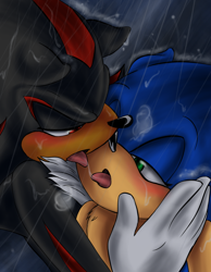 Size: 700x900 | Tagged: suggestive, artist:shotsofsunshine, shadow the hedgehog, sonic the hedgehog, 2010, abstract background, blushing, floppy ears, gay, holding them, kiss, lidded eyes, looking at each other, mouth open, outdoors, rain, saliva, saliva trail, shadow x sonic, shipping, tongue out, wet