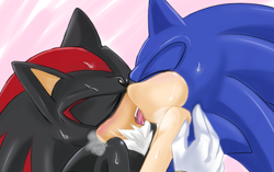 Size: 1595x1000 | Tagged: suggestive, artist:garugirosonicshadow, shadow the hedgehog, sonic the hedgehog, 2009, abstract background, eyes closed, gay, kiss, saliva, shadow x sonic, shipping, sloppy kissing, sweat, tongue out