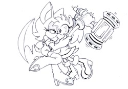 Size: 824x573 | Tagged: safe, artist:smsskullleader, amy rose, rouge the bat, 2011, alternate ending, holding something, holding them, kiss, lesbian, line art, looking at each other, piko piko hammer, rougamy, shipping, simple background, sonic x, white background