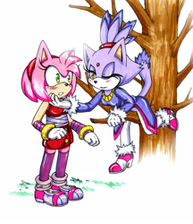 Size: 5293x6125 | Tagged: safe, artist:amortem-kun, amy rose, blaze the cat, 2016, amy x blaze, blushing, duo, lesbian, shipping, smile, sonic boom (tv), surprised, traditional media, tree, wink
