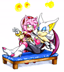 Size: 5647x6371 | Tagged: safe, artist:amortem-kun, amy rose, rouge the bat, 2015, blushing, collar, leash, lesbian, rougamy, shipping, simple background, sitting, standing, stripper outfit, white background, wink
