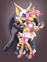 Size: 1080x1416 | Tagged: suggestive, artist:amortem-kun, amy rose, rouge the bat, 2016, angel, angel vs devil, blushing, covering another's eyes, devil, gradient background, hand in clothes, lesbian, licking, lidded eyes, rougamy, shipping