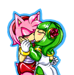 Size: 3248x3288 | Tagged: safe, artist:amortem-kun, amy rose, cosmo the seedrian, 2015, blushing, cosmo x amy, duo, eyes closed, holding each other, lesbian, outline, shipping, simple background, transparent background