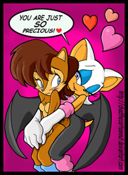 Size: 574x790 | Tagged: safe, artist:chadthecartoonnut, rouge the bat, sally acorn, abstract background, blushing, dialogue, duo, english text, heart, hugging from behind, lesbian, rouge x sally, shipping, smile, speech bubble, standing