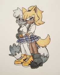 Size: 1280x1617 | Tagged: safe, artist:hisiihi, tangle the lemur, whisper the wolf, 2024, duo, holding them, lesbian, looking at viewer, one eye closed, posing, schoolgirl outfit, shipping, smile, standing, tangle x whisper