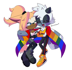 Size: 1900x1850 | Tagged: safe, artist:melliepiyo, tangle the lemur, whisper the wolf, 2022, cape, cute, duo, eyes closed, holding hands, lesbian, looking at them, one eye closed, pride, pride flag, shipping, signature, simple background, smile, tangabetes, tangle x whisper, whispabetes, white background