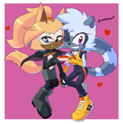 Size: 1725x1742 | Tagged: safe, artist:melliepiyo, tangle the lemur, whisper the wolf, 2023, border, duo, heart, heart hands, holding hands, lesbian, lesbian pride, looking at viewer, pink background, pride, pride flag, shipping, signature, simple background, smile, tangle x whisper, wink