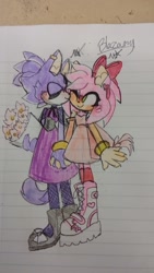 Size: 1152x2048 | Tagged: safe, artist:cherry-berry-cola, amy rose, blaze the cat, cat, hedgehog, 2023, amy x blaze, blushing, bouquet, cute, female, females only, flowers, holding hands, kiss on cheek, lesbian, one eye closed, shipping, traditional media