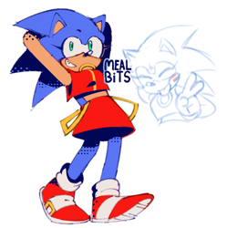 Size: 1298x1303 | Tagged: safe, artist:mealbits, sonic the hedgehog, hedgehog, crop top, face paint, female, hands behind head, signature, simple background, skirt, smile, solo, standing, trans female, transgender, v sign, white background