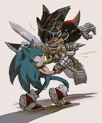 Size: 666x800 | Tagged: safe, artist:fumomo, shadow the hedgehog, sonic the hedgehog, duo, fight, grey background, simple background, sir lancelot, sword