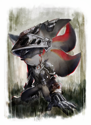 Size: 582x800 | Tagged: safe, artist:fumomo, shadow the hedgehog, abstract background, blood, injured, sir lancelot, solo, sweatdrop