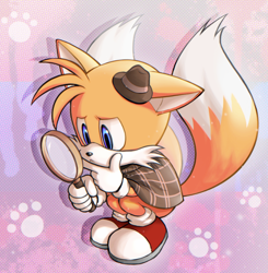 Size: 796x813 | Tagged: safe, artist:negri, miles "tails" prower, the murder of sonic the hedgehog, :<, abstract background, crouching, holding something, magnifying glass, pawprint, solo