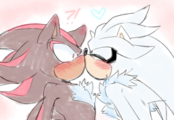 Size: 2018x1400 | Tagged: safe, artist:bongwater777, shadow the hedgehog, silver the hedgehog, 2020, blushing, blushing ears, duo, exclamation mark, gay, heart, kiss, question mark, shadow x silver, shipping, shrunken pupils