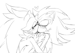 Size: 1091x775 | Tagged: safe, artist:bongwater777, shadow the hedgehog, silver the hedgehog, hedgehog, 2020, duo, eyes closed, gay, heart, kiss, line art, shadow x silver, shipping, simple background, white background