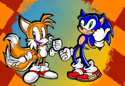 Size: 2840x1960 | Tagged: safe, artist:tanookidx, miles "tails" prower, sonic the hedgehog, 2022, abstract background, duo, smile, standing, uekawa style
