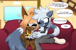 Size: 4016x2630 | Tagged: safe, artist:buddyhyped, tangle the lemur, whisper the wolf, lesbian, playing videogame, shipping, tangle x whisper