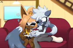 Size: 4016x2630 | Tagged: safe, artist:buddyhyped, tangle the lemur, whisper the wolf, alternate version, lesbian, playing videogame, shipping, tangle x whisper, textless version