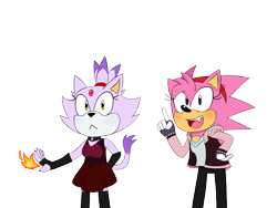 Size: 1600x1200 | Tagged: safe, artist:chozomy, amy rose, blaze the cat, cat, hedgehog, 2023, amy x blaze, cute, female, females only, flame, lesbian, looking at viewer, mouth open, shipping