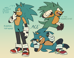 Size: 2048x1634 | Tagged: safe, artist:autisticsonic, sonic the hedgehog, oc, oc:"ace" the hedgehog, english text, frown, gradient background, nickname, redesign, ring, solo