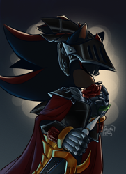 Size: 1000x1380 | Tagged: safe, artist:ghostie-juice, shadow the hedgehog, abstract background, eyes closed, holding something, rose, signature, sir lancelot, solo, standing