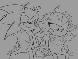 Size: 1024x768 | Tagged: safe, artist:popslwttuce, shadow the hedgehog, sonic the hedgehog, blushing, cute, duo, gay, grey background, holding hands, line art, looking at them, looking away, one fang, shadow x sonic, shipping, simple background, sitting, smile, top surgery scars, trans male, transgender