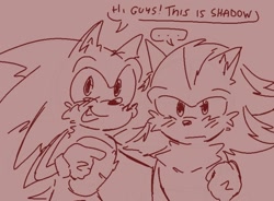 Size: 1080x794 | Tagged: safe, artist:popslwttuce, shadow the hedgehog, sonic the hedgehog, ..., :|, blushing, cute, dialogue, duo, english text, gay, holding them, line art, looking at viewer, mouth open, one fang, red background, shadow x sonic, shipping, simple background, sitting, smile, speech bubble, standing, top surgery scars, trans male, transgender