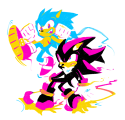 Size: 1265x1215 | Tagged: safe, artist:sonadowdaily, shadow the hedgehog, sonic the hedgehog, duo, frown, gay, limited palette, shadow x sonic, shipping, simple background, smile, top surgery scars, trans male, transgender, white background