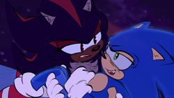 Size: 1280x720 | Tagged: safe, artist:tntpaw, shadow the hedgehog, sonic the hedgehog, sonic prime, abstract background, carrying them, duo, frown, gay, holding them, looking at each other, mouth open, redraw, shadow x sonic, shipping, smile, sonic prime s3