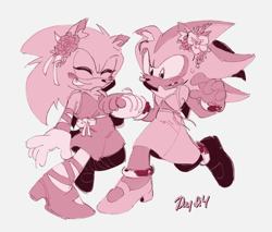 Size: 1210x1032 | Tagged: safe, artist:sonadowdaily, shadow the hedgehog, sonic the hedgehog, blushing, bow, crossdressing, dress, duo, english text, femboy, flower, gay, grey background, holding hands, shadow x sonic, shipping, simple background, smile
